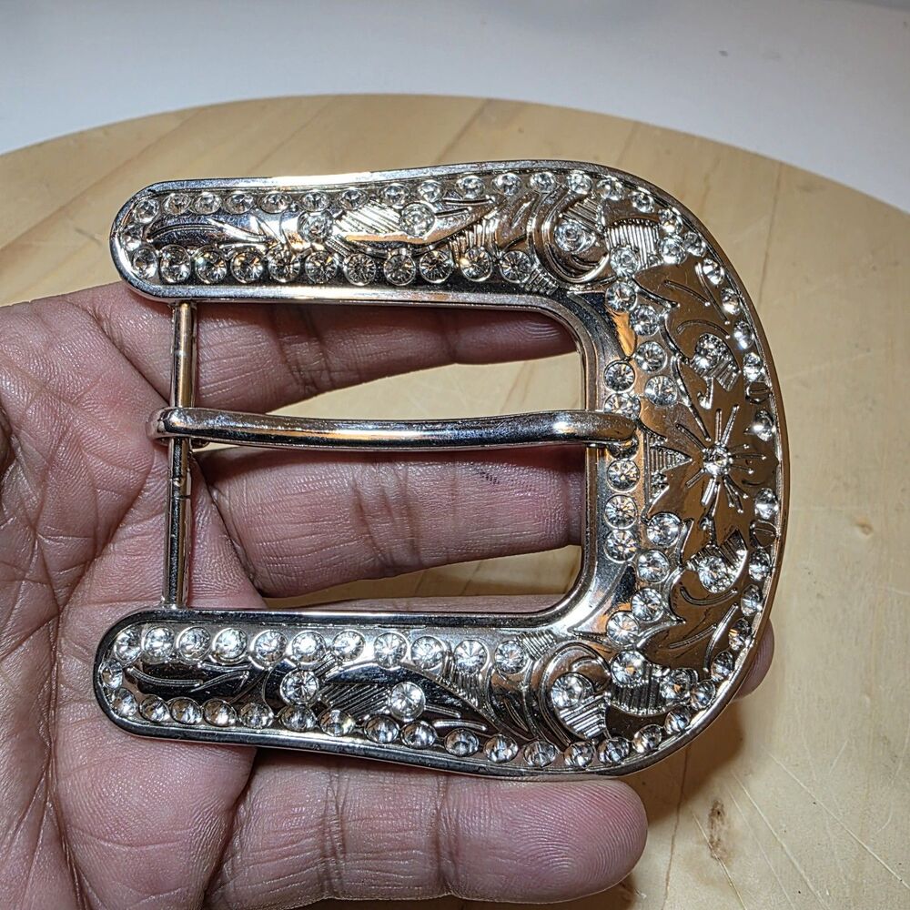 Western-style Silver Tone rhinestone belt buckle Scroll Pattern Cowboy Cowgirl